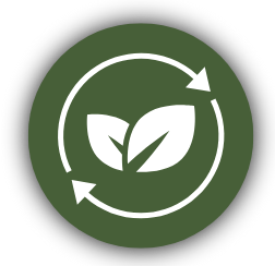Green icon with two white leaves inside a circular arrow, symbolizing sustainability or recycling.