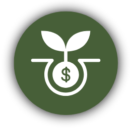 Green icon with a dollar symbol inside a sprouting seed, symbolizing financial growth.